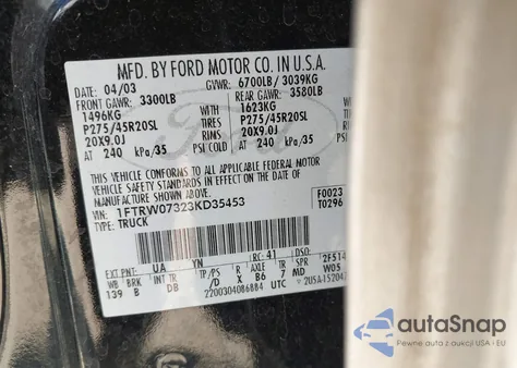 2003 Ford F-150 Lariat z USA, uszkodzony, nr VIN 1FTRW07323KD35453